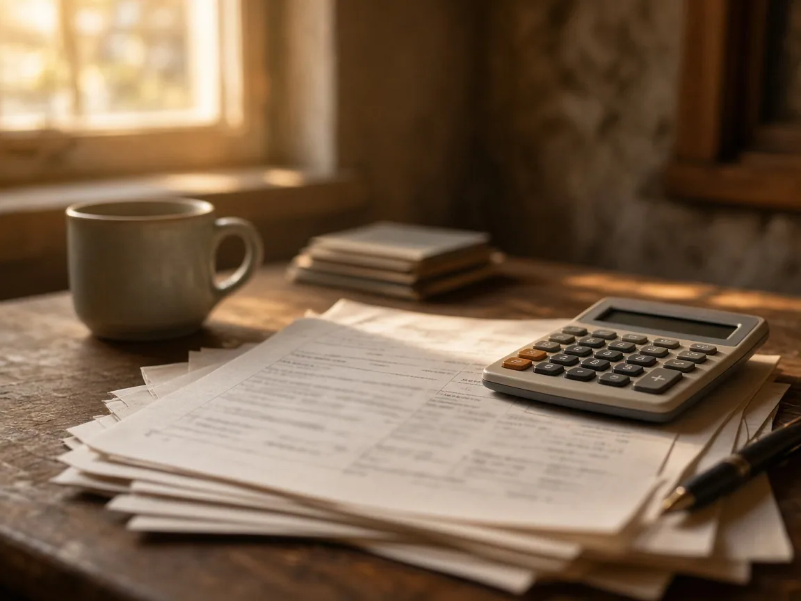 A stack of invoices and a calculator on a wooden desk