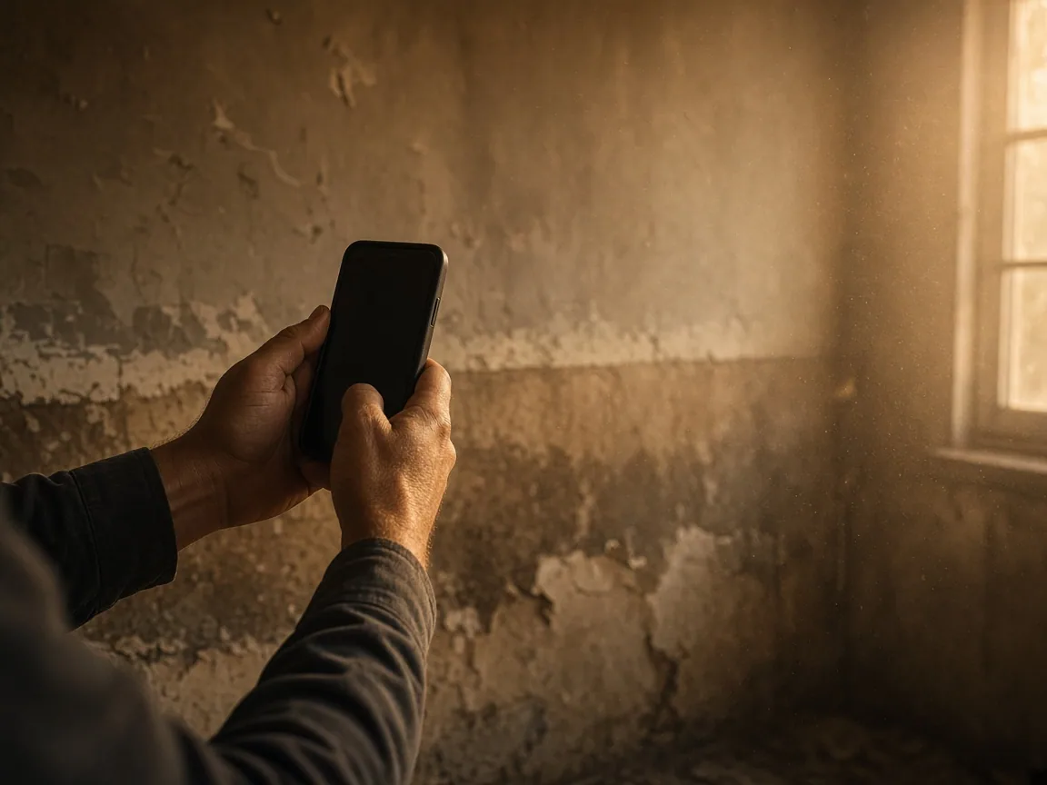 A contractor photographing water-damaged drywall with a phone