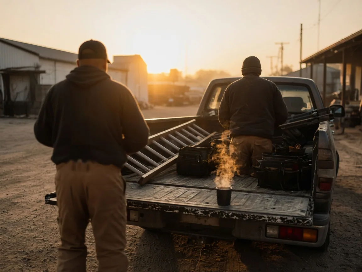 A crew loading a pickup truck at sunrise